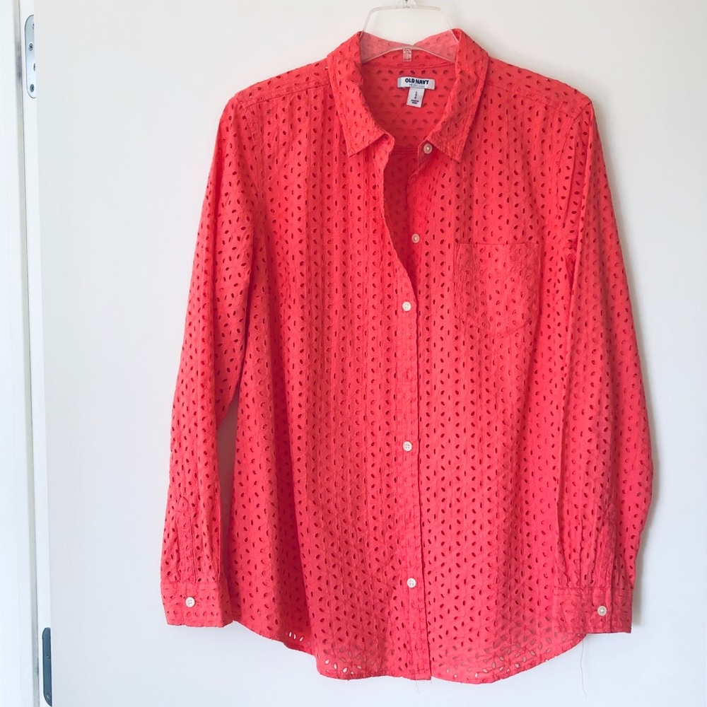 Old Navy bright pink long sleeve eyelet blouse